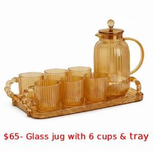 Glass jug with 6 cups and tray